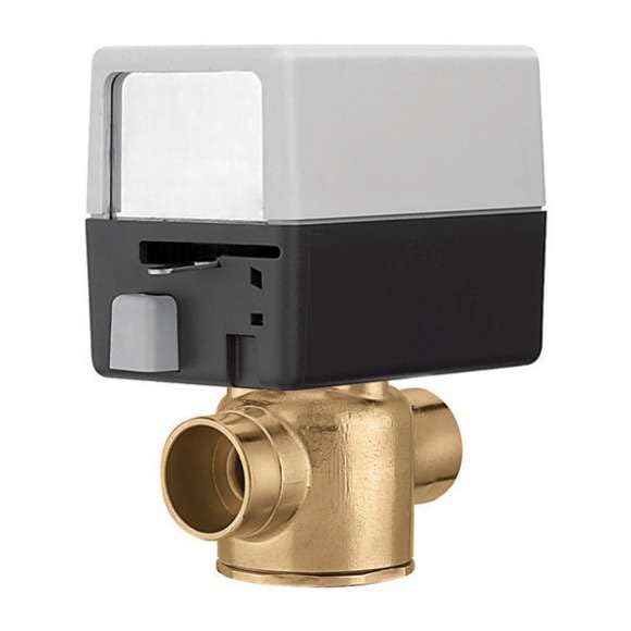 Brass zone valve with 1/2 inch sweat connections and gray and black motorized actuator head mounted on top.