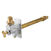Brass and white metal through-wall shutoff valve with 12-inch long stem and brass handle on square mounting plate.