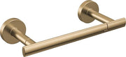 Champagne bronze tissue holder with cylindrical bar and circular wall mounts on each end.