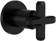Matte black volume control and diverter trim with cross handle and circular mounting plate.