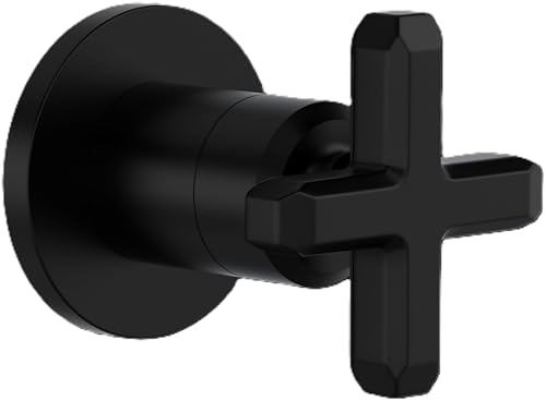 Matte black volume control and diverter trim with cross handle and circular mounting plate.