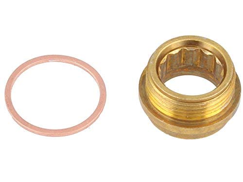 Grohe replacement seat parts including pink rubber gasket and brass threaded ring with ridged interior.