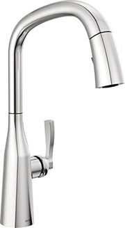Chrome pull-down kitchen faucet with curved spout and single lever handle on white background.