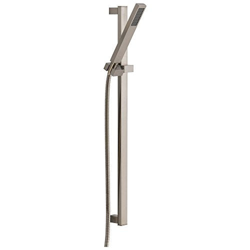 Brushed nickel hand shower with slide bar mount, adjustable bracket, and flexible hose.