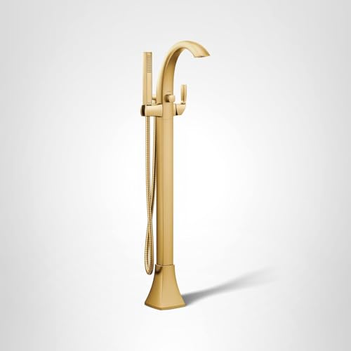 Brushed gold freestanding tub filler with curved spout, single handle, and attached handshower hose.