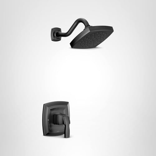 Matte black shower trim kit with single-handle valve and rectangular showerhead with curved arm.