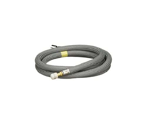 Coiled gray braided faucet hose with brass connectors and yellow identification band.