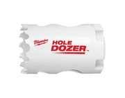 White cylindrical bi-metal hole saw with serrated cutting edge and Milwaukee branding.