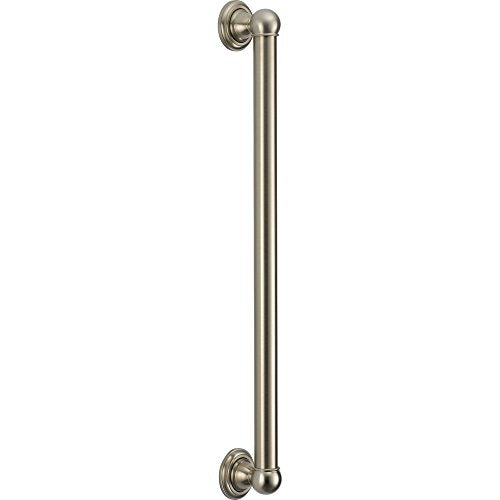 Brushed nickel vertical grab bar with round mounting flanges at top and bottom.
