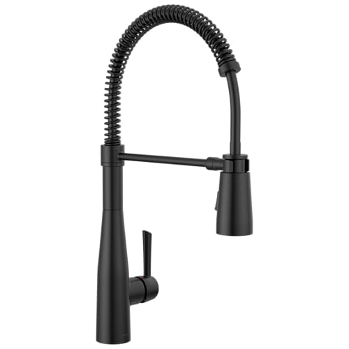 Matte black single-handle kitchen faucet with pull-down sprayer and coiled hose.