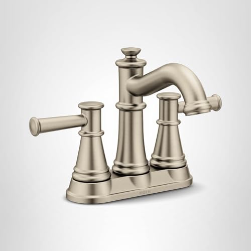 Brushed nickel two-handle centerset bathroom faucet with curved spout and lever handles.