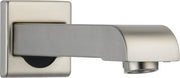 Brushed stainless steel tub spout with curved design and square wall mount plate.