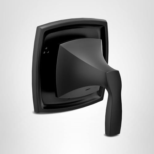 Matte black shower valve trim with curved square escutcheon and single lever handle.