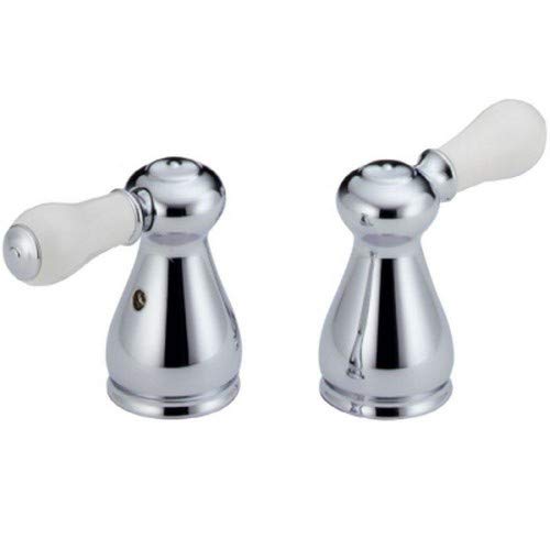 Chrome and porcelain lever handles with ball-shaped tops and conical bases for bathroom faucet.
