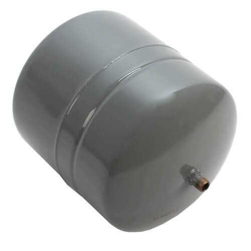 Gray cylindrical boiler expansion tank with metal connection port at bottom.