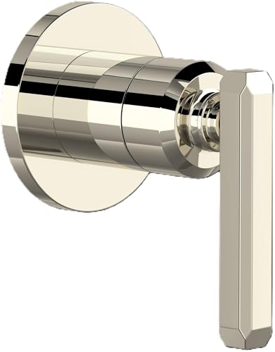 Polished nickel trim with circular escutcheon plate and lever handle for volume control and diverter valve.
