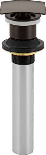 Chrome and matte black push-pop bathroom sink drain stopper with overflow control mechanism.
