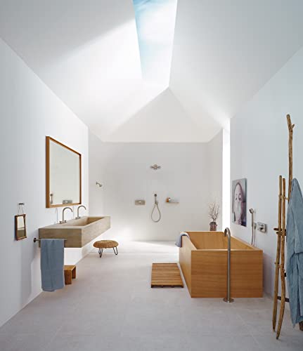 AXOR ONE widespread bathroom faucet with brushed nickel finish and dual handles mounted on sink counter.
