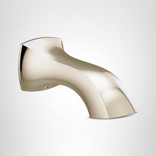 Polished nickel curved tub spout with 1/2 inch slip fit connection and non-diverter design.