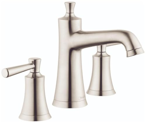 Brushed nickel widespread bathroom faucet with tall center spout, two side handles, and curved spout outlet.