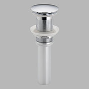 Brushed nickel push button pop-up drain with overflow and threaded cylindrical body assembly.