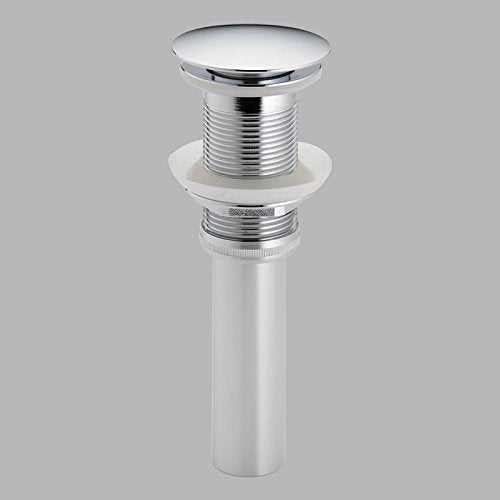 Brushed nickel push button pop-up drain with overflow and threaded cylindrical body assembly.