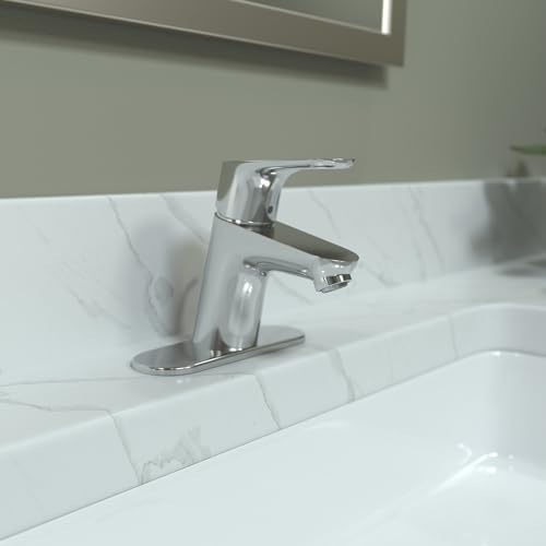 Chrome single-hole bathroom faucet with lever handle mounted on white sink basin.