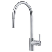 Stainless steel pull-down kitchen faucet with curved spout and single lever handle.