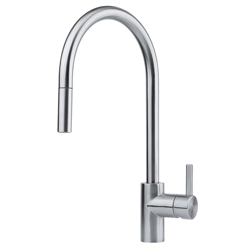 Stainless steel pull-down kitchen faucet with curved spout and single lever handle.