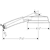 Curved chrome handheld showerhead with measurement dimensions and spray jet indicators shown in technical drawing.