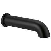 Matte black cylindrical tub spout with rounded end and wall-mounted flange on left side.