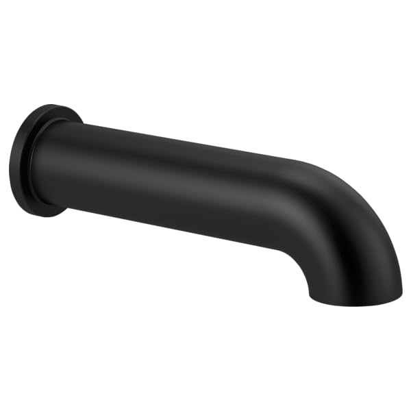 Matte black cylindrical tub spout with rounded end and wall-mounted flange on left side.
