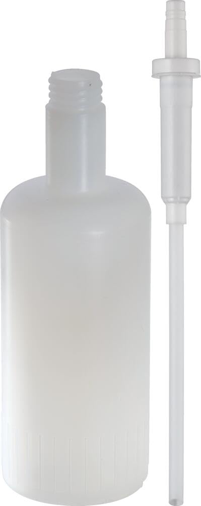 Clear plastic soap dispenser bottle with threaded neck and matching pump with long tube intake.