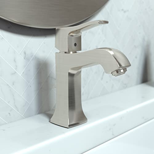 Brushed nickel single-hole bathroom faucet with curved spout and lever handle on marble countertop.
