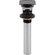 Black and chrome square push-up sink drain assembly with overflow component and gray cap.