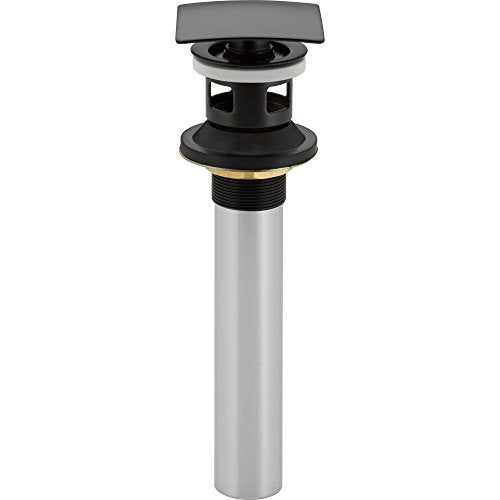 Black and chrome square push-up sink drain assembly with overflow component and gray cap.