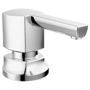 Chrome soap and lotion dispenser with cylindrical pump and angled spout on round base.