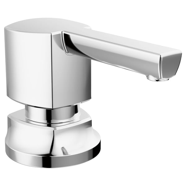 Chrome soap and lotion dispenser with cylindrical pump and angled spout on round base.