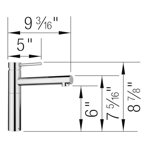 Chrome bar faucet with tall spout and single lever handle, shown with dimension measurements.