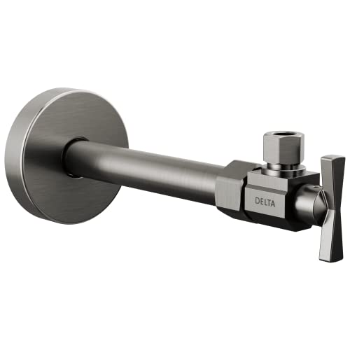 Chrome and black angled supply stop valve with lever handle and wall-mounted circular escutcheon plate.