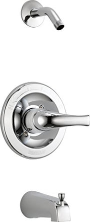 Chrome tub and shower trim with single lever handle and curved spout, shown from front and side angles.