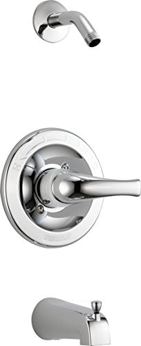 Chrome tub and shower trim with single lever handle and curved spout, shown from front and side angles.