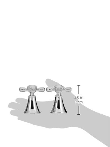 Polished nickel deck mount bathroom faucet set with two metal cross handles and bell-shaped spouts.