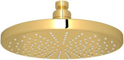 Round brass showerhead with 8-inch diameter and perforated spray pattern, unlacquered finish.
