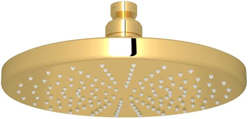 Round brass showerhead with 8-inch diameter and perforated spray pattern, unlacquered finish.