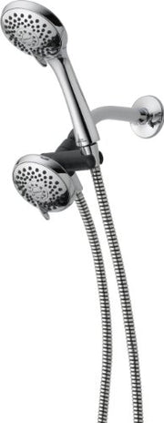 Brushed nickel dual shower head with massage spray function and flexible hose.