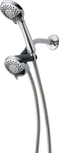 Brushed nickel dual shower head with massage spray function and flexible hose.