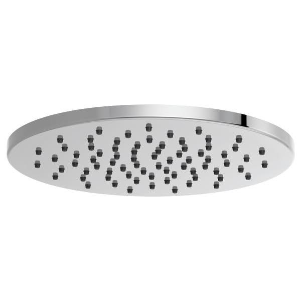 Round chrome raincan shower head with multiple spray jets distributed across the face.