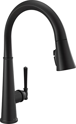 Black pull-down kitchen faucet with single handle and curved spout.