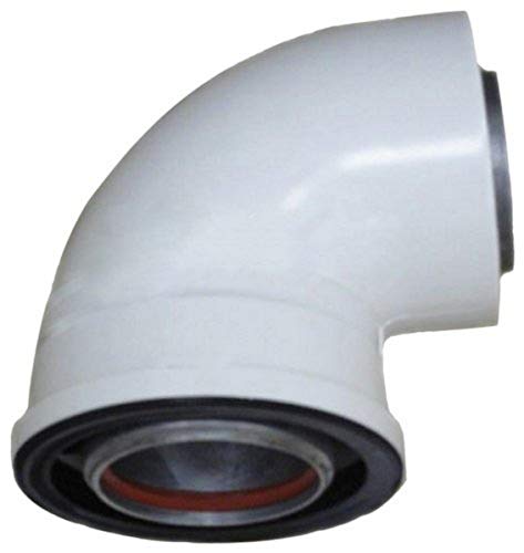 White plastic 90-degree vent pipe elbow with black rubber gasket and internal connector port.